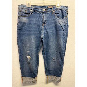 Gap Premium Straight Crop Jeans Capri Cuffed Distressed Size 14/32 Med Wash Crop